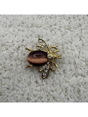 Gold Tone Bee Brooch Pin Brown Cat Eye Cabochon Rhinestone Wings